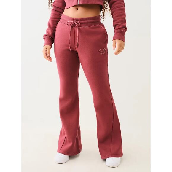 NWT True‎ Religion Joey Mid Rise Big T Flare Sweat Pants Red Women’s Size Medium - Picture 1 of 10